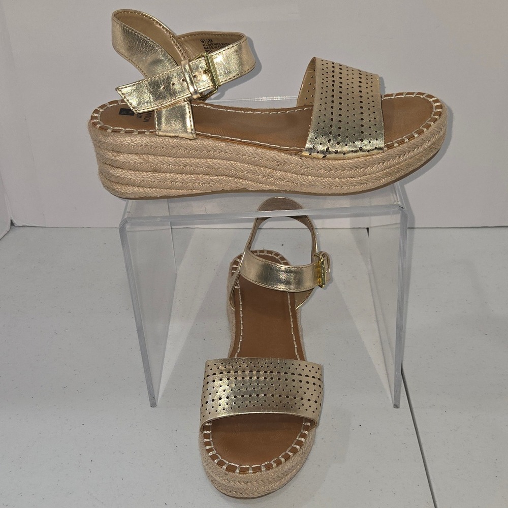 White Mountain Gold Metallic Espadrille Platform Wedge Sandals Womens 9.5 M AD14